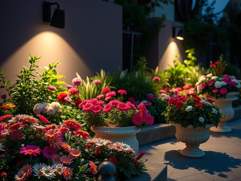 garden spotlights highlighting flower beds and decorative planters