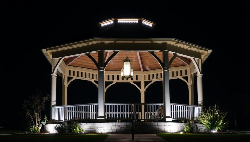 gazebo with layered lighting showing multiple fixture types