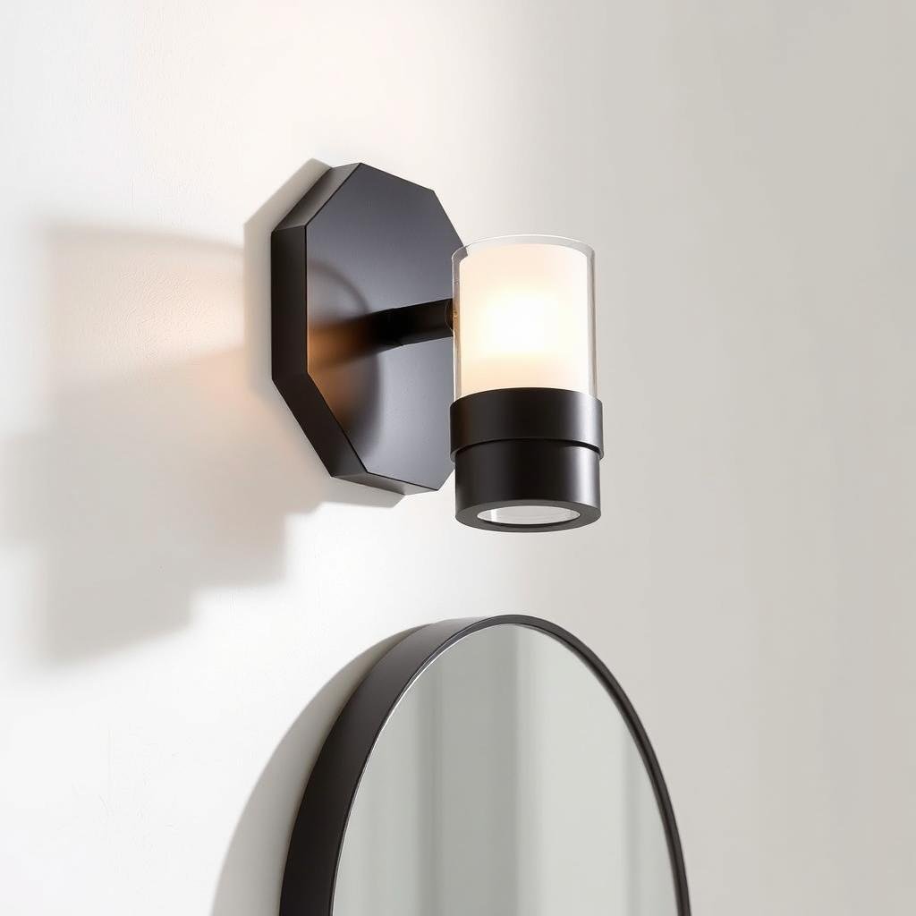 geometric black bathroom sconce on white wall geometric black bathroom sconce on white wall