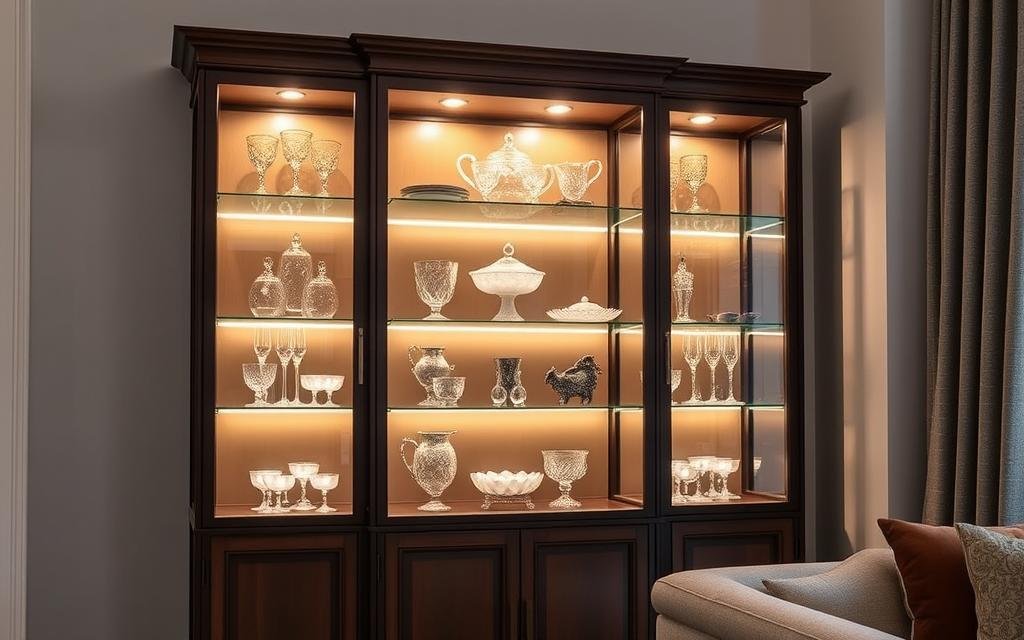 glass display cabinet with LED strip lights illuminating collectibles and decorative items inside glass display cabinet with LED strip lights illuminating collectibles and decorative items inside