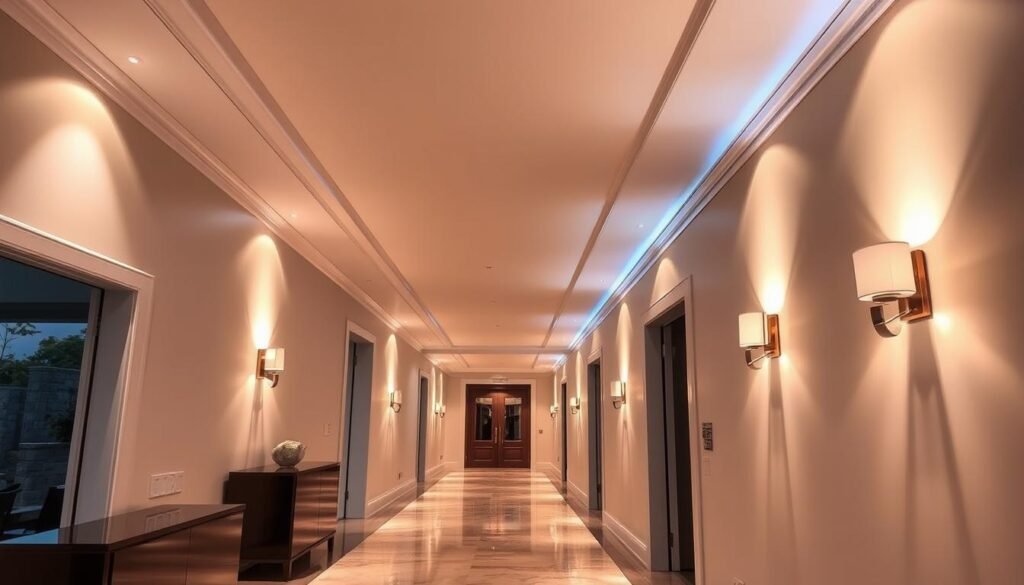 hallway showcasing layered lighting with recessed lights, wall sconces, and accent lighting