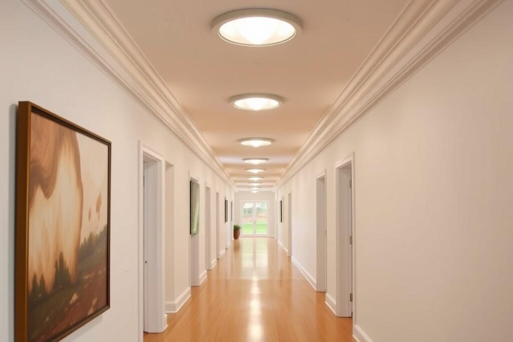 hallway with series of flush mount ceiling lights hallway with series of flush mount ceiling lights