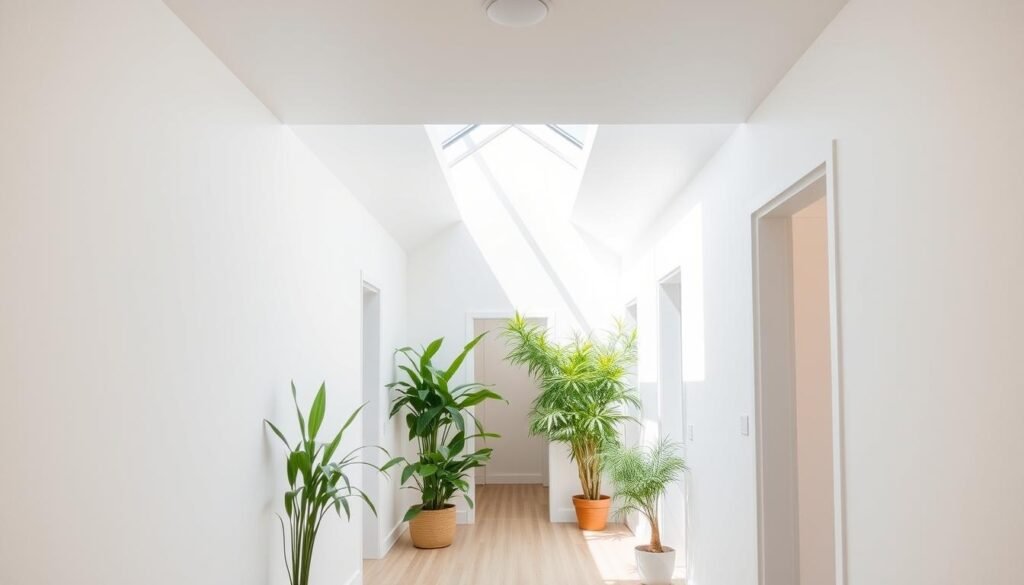 hallway with skylight flooding space with natural daylight