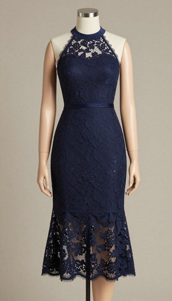 halter neck lace midi dress in navy
