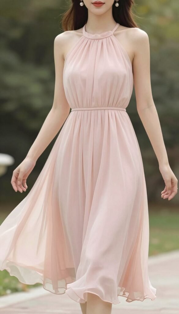 halter neck midi dress in blush pink