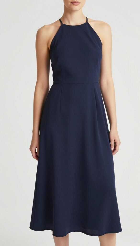 halter neck midi dress in navy blue