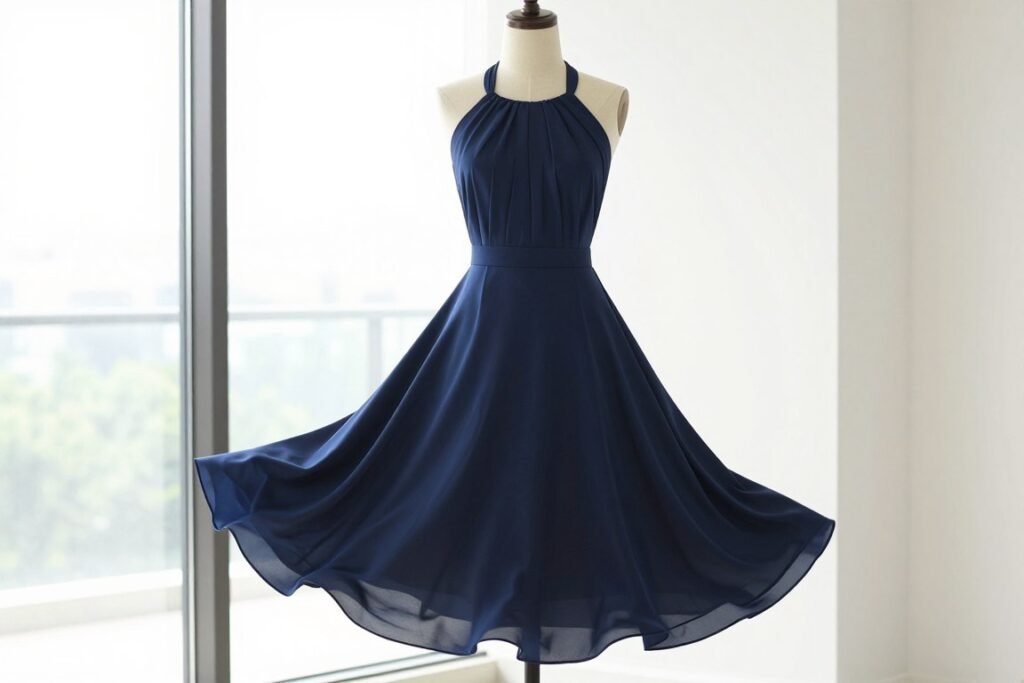 halter neck midi dress in navy blue for wedding guest