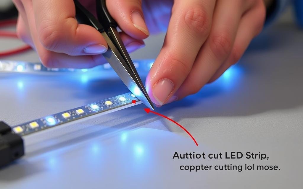hands demonstrating proper LED strip cutting technique at designated cutting marks hands demonstrating proper LED strip cutting technique at designated cutting marks