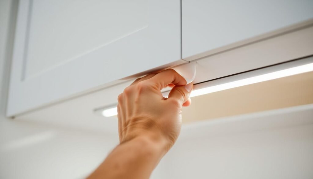 hands installing LED strip light under cabinet with adhesive backing