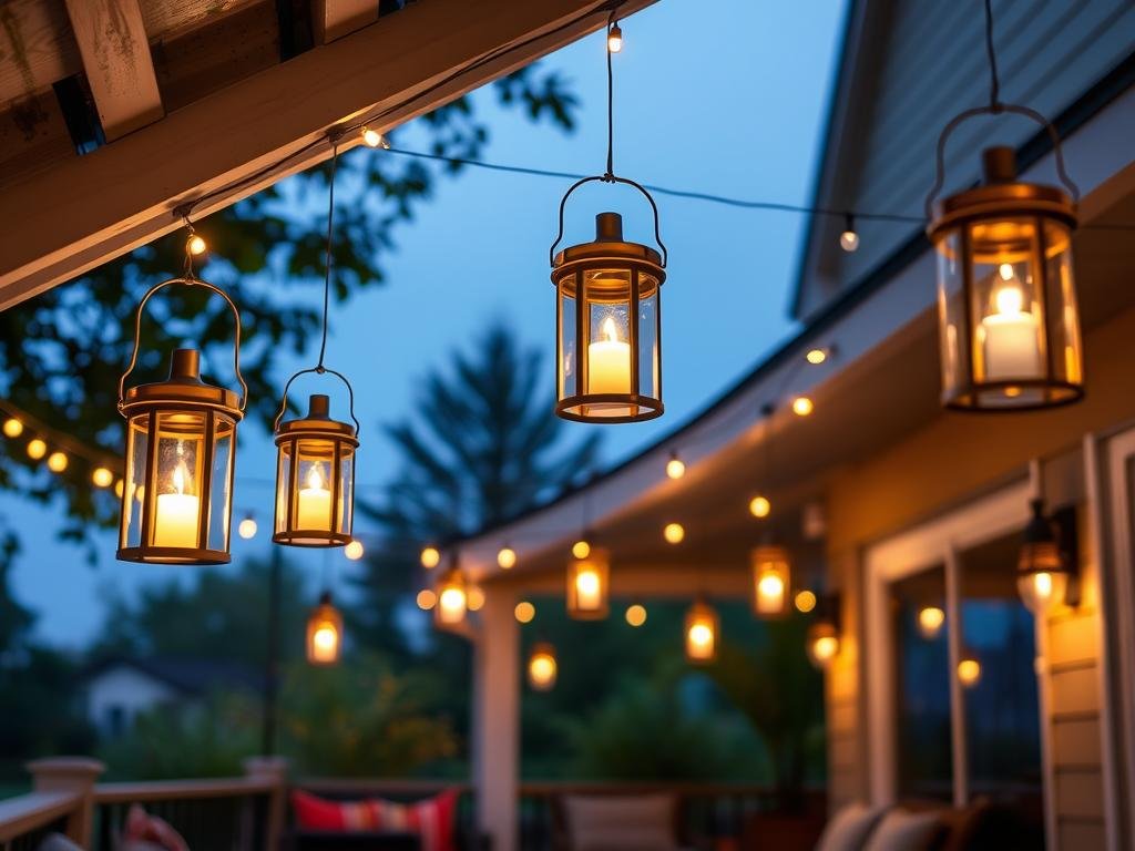 hanging lanterns creating warm ambiance on outdoor patio