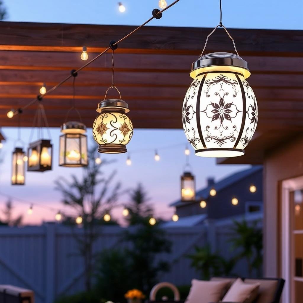 hanging solar lanterns illuminating outdoor seating area hanging solar lanterns illuminating outdoor seating area