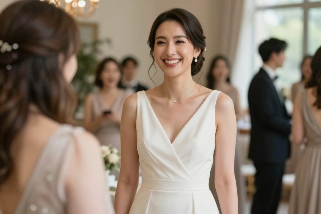 happy wedding guest in formal dress at celebration
