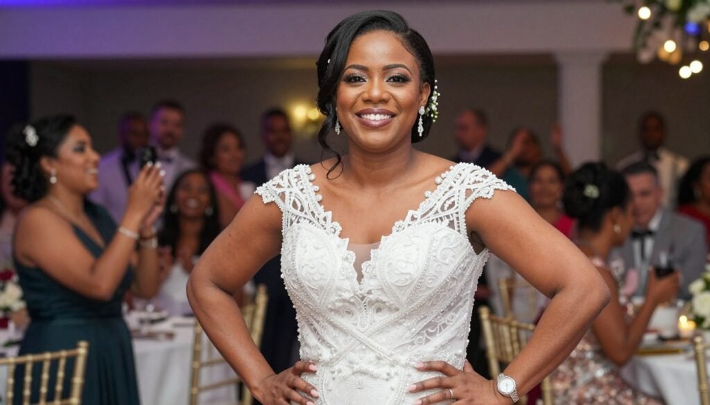 happy wedding guest in perfect dress