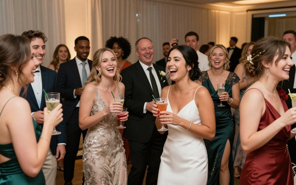 happy wedding guests in cocktail attire celebrating happy wedding guests in cocktail attire celebrating