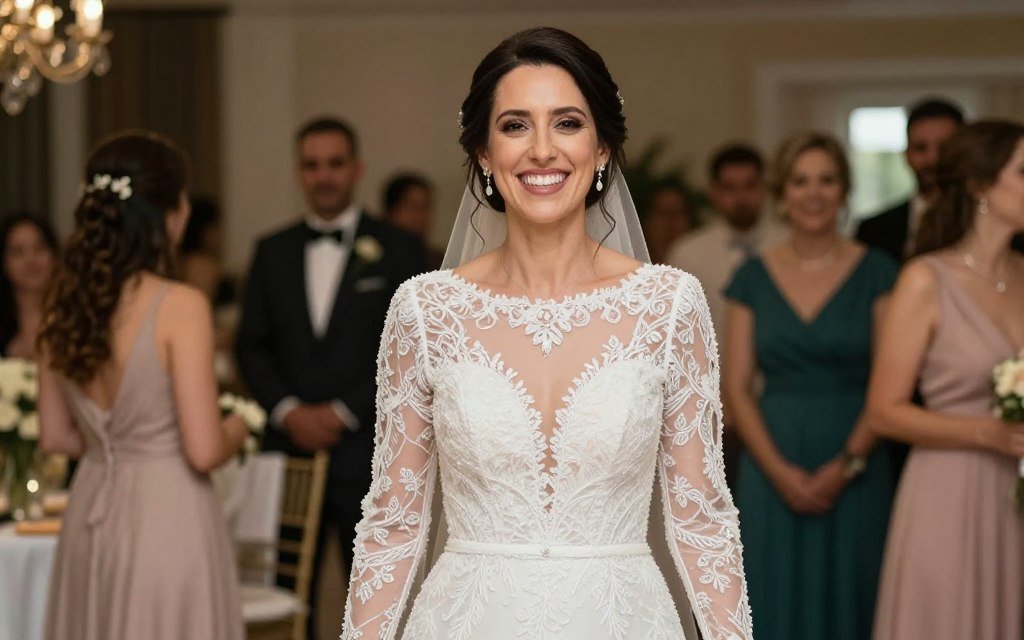happy woman in elegant long sleeve wedding guest dress