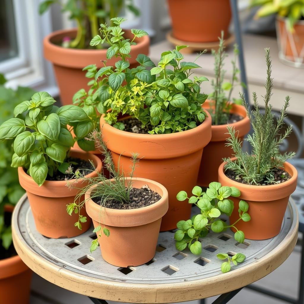 herbs planted in terra cotta pots on patio table