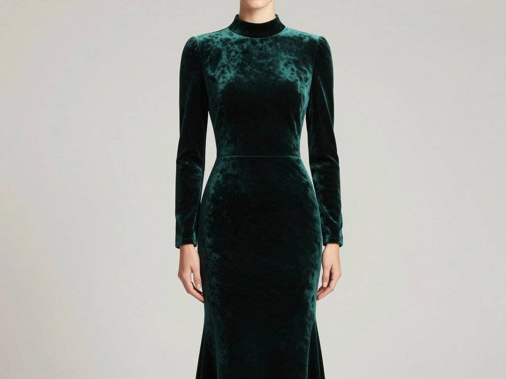 high neck dress in emerald green velvet
