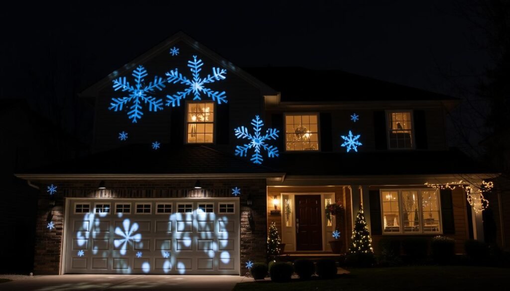 holiday projection light creating patterns on house