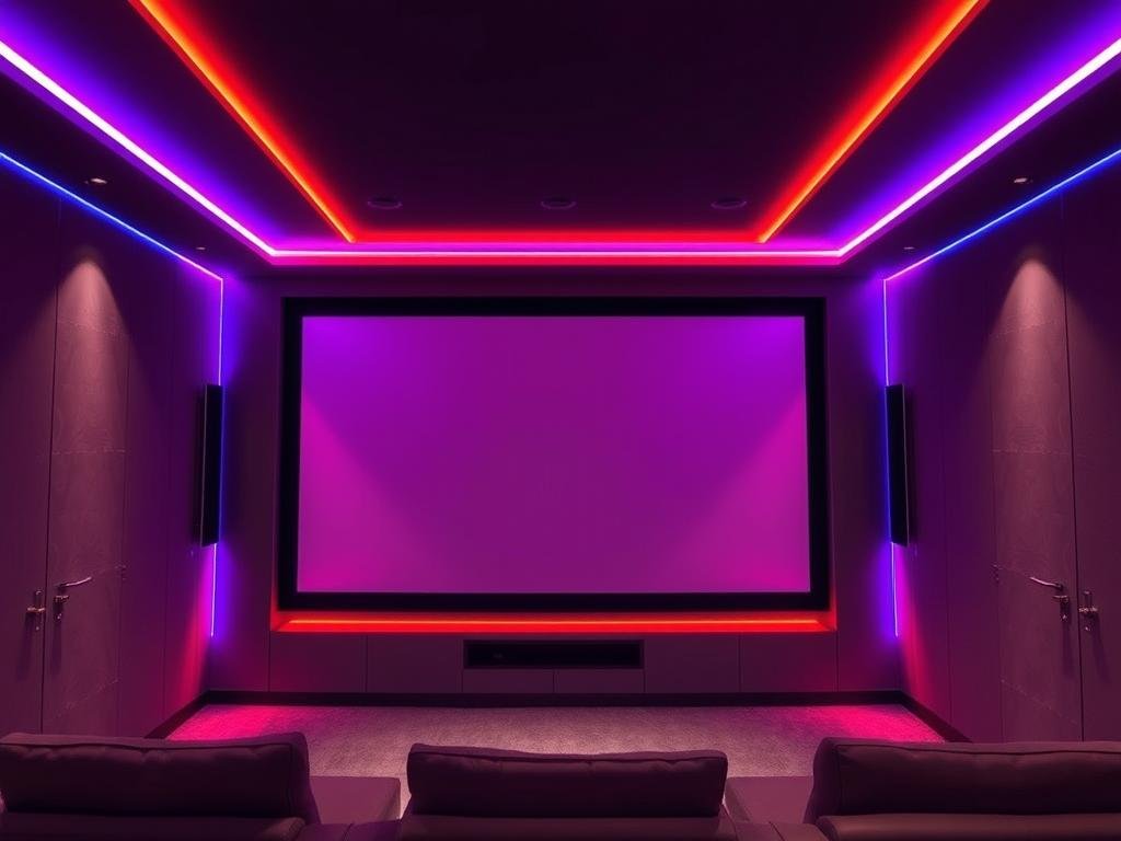 home theater with music sync led ambient lighting behind screen home theater with music sync led ambient lighting behind screen