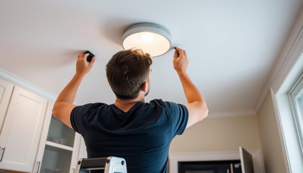 homeowner installing kitchen light fixture with proper safety equipment homeowner installing kitchen light fixture with proper safety equipment