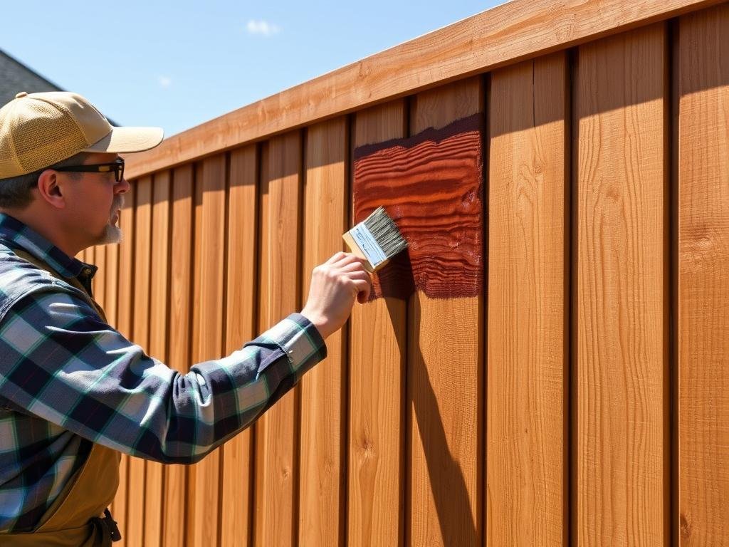 homeowner maintaining wood fence with stain and brush