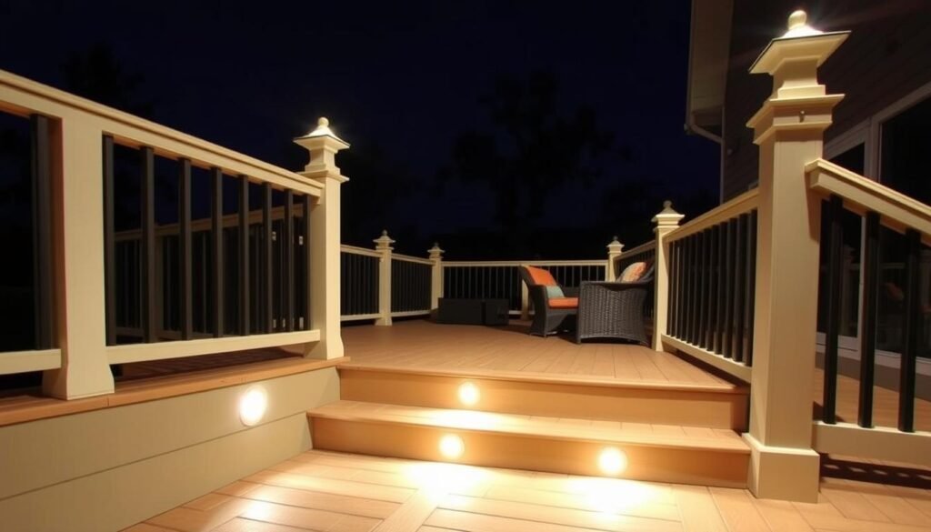 illuminated deck with recessed lighting and post cap lights at night