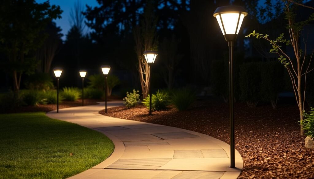 illuminated garden pathway with solar stake lights at night