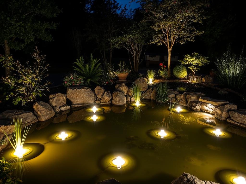 illuminated pond with floating lights and landscape lighting
