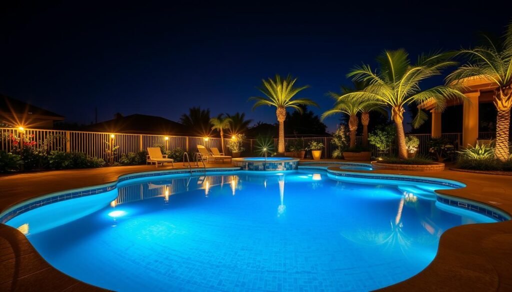illuminated pool with underwater LED lights at night