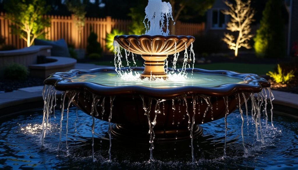 illuminated water fountain in backyard garden illuminated water fountain in backyard garden