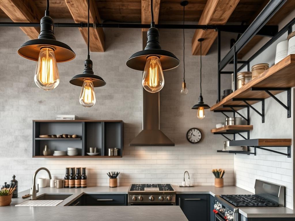 industrial kitchen with metal pendant lights