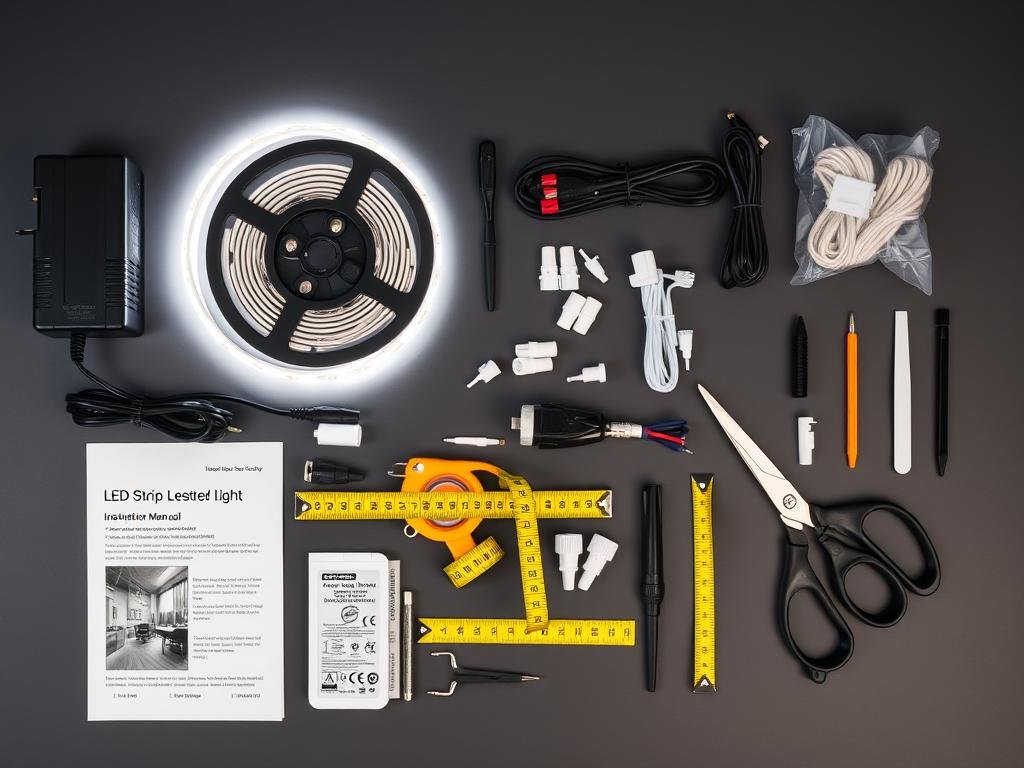 installation tools and LED strip light kit laid out on counter