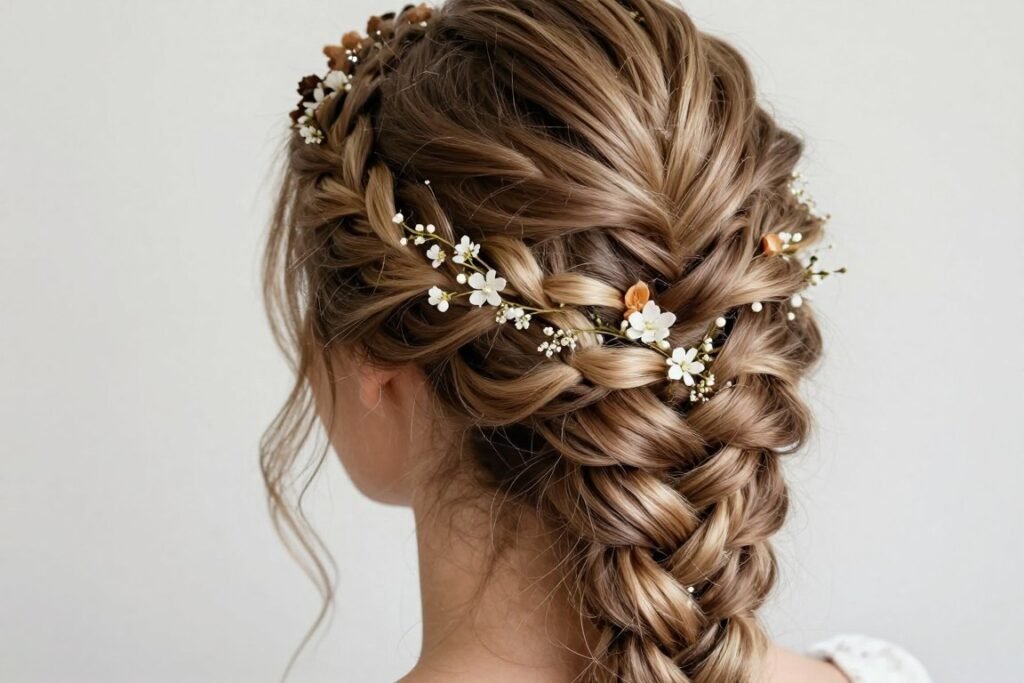 intricate braided hairstyle for wedding guest long hair