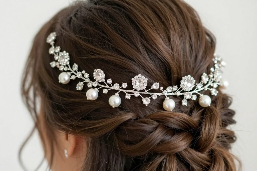 jeweled hair vine accessory in wedding guest hairstyle