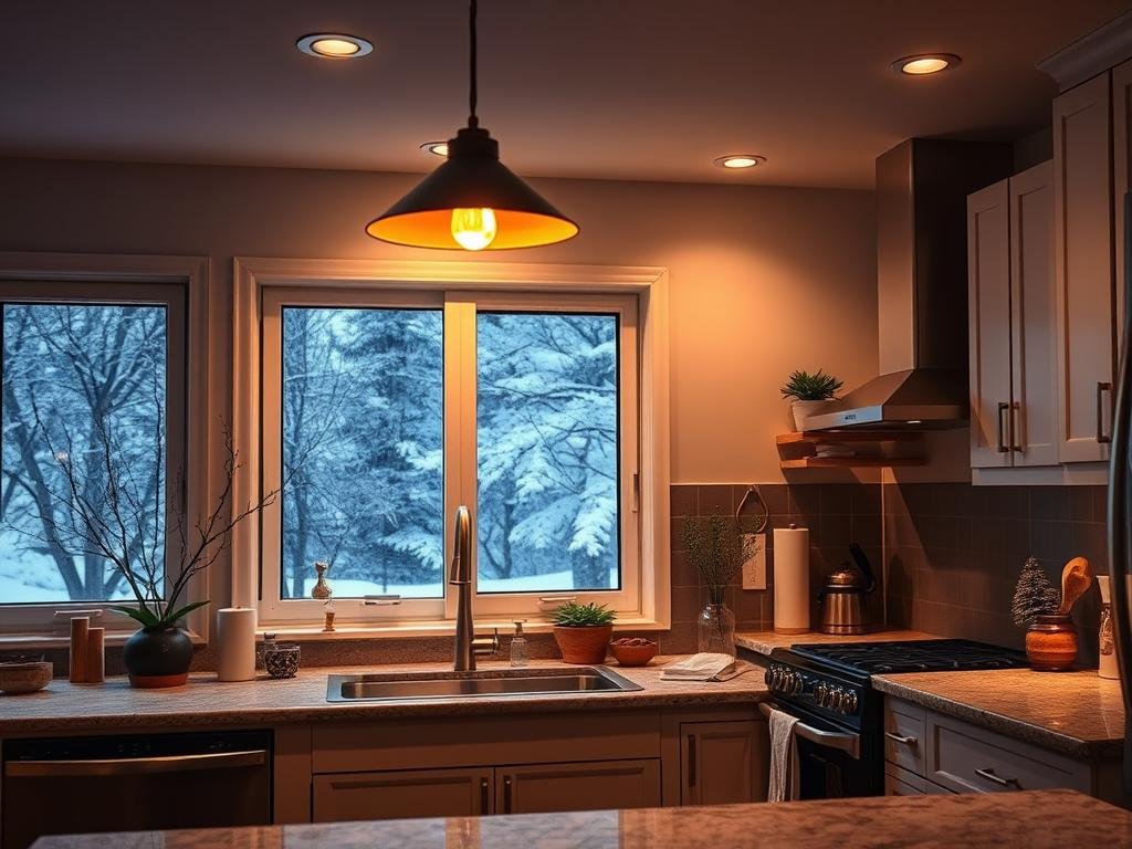 kitchen lighting adjusted for winter morning
