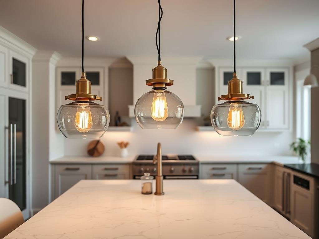 kitchen pendant lights over island with brass finish