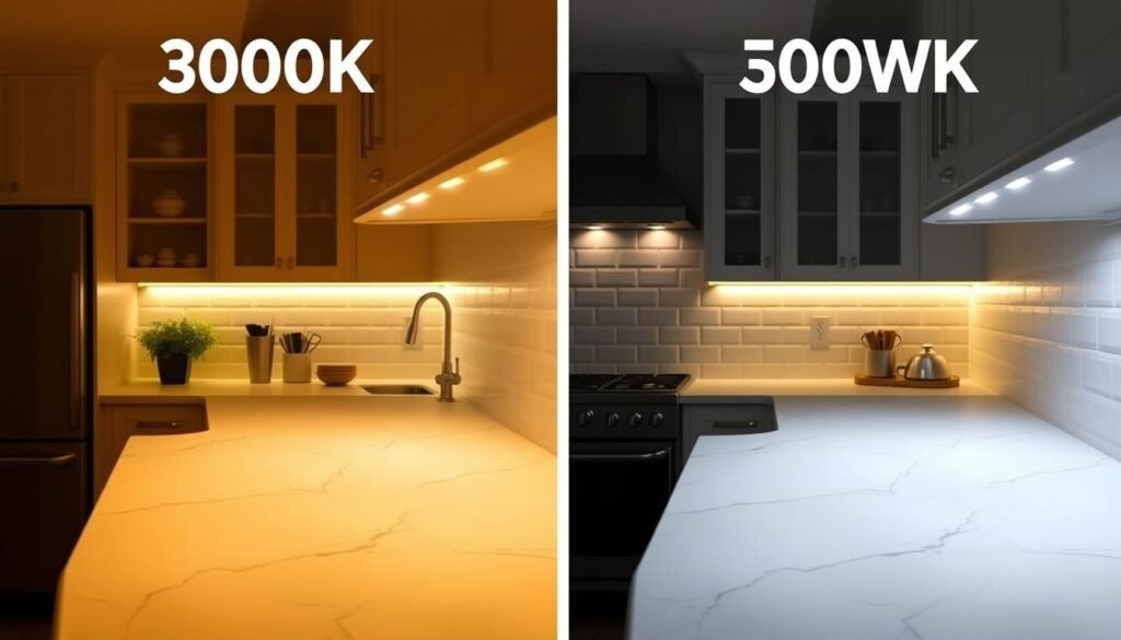 kitchen showing three different color temperatures side by side comparison
