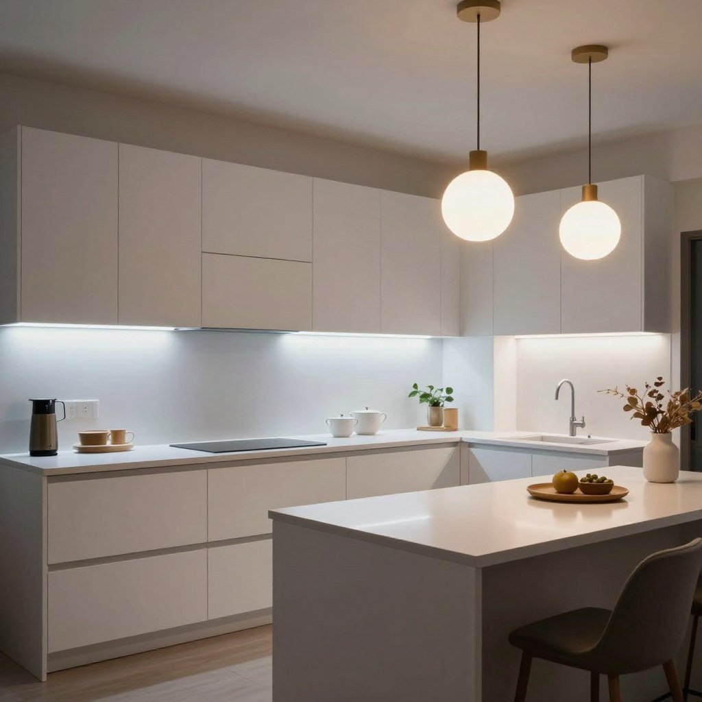 kitchen with mixed color temperature lighting