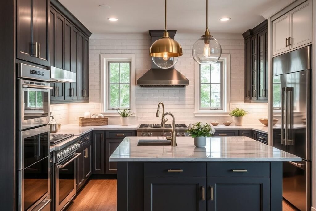 kitchen with mixed metal lighting finishes