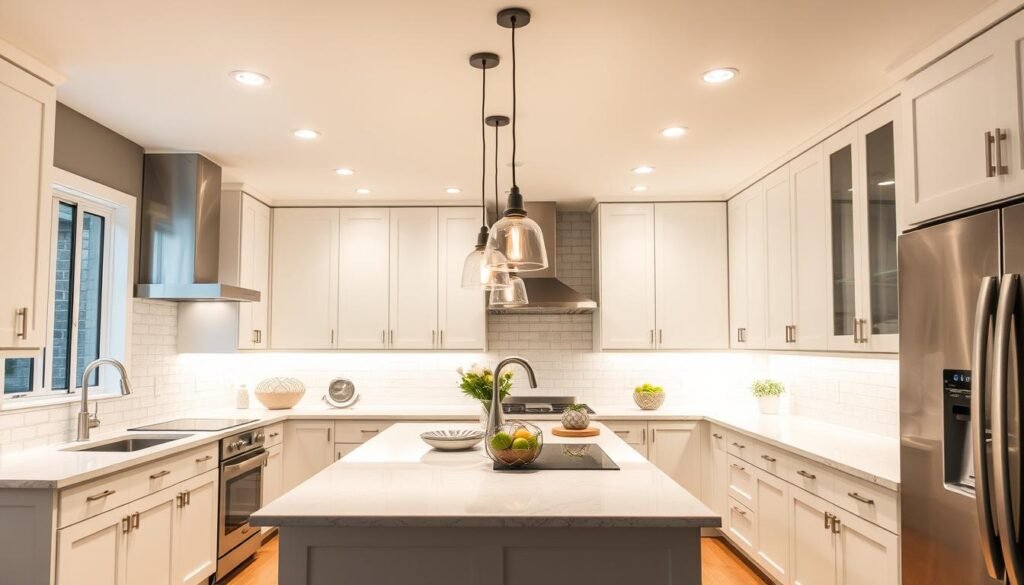 kitchen with multiple ceiling lighting layers including pendants and recessed lights kitchen with multiple ceiling lighting layers including pendants and recessed lights