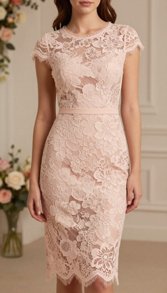 lace midi dress in blush with floral pattern