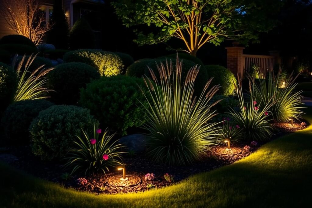 landscape lighting illuminating shrubs and garden features