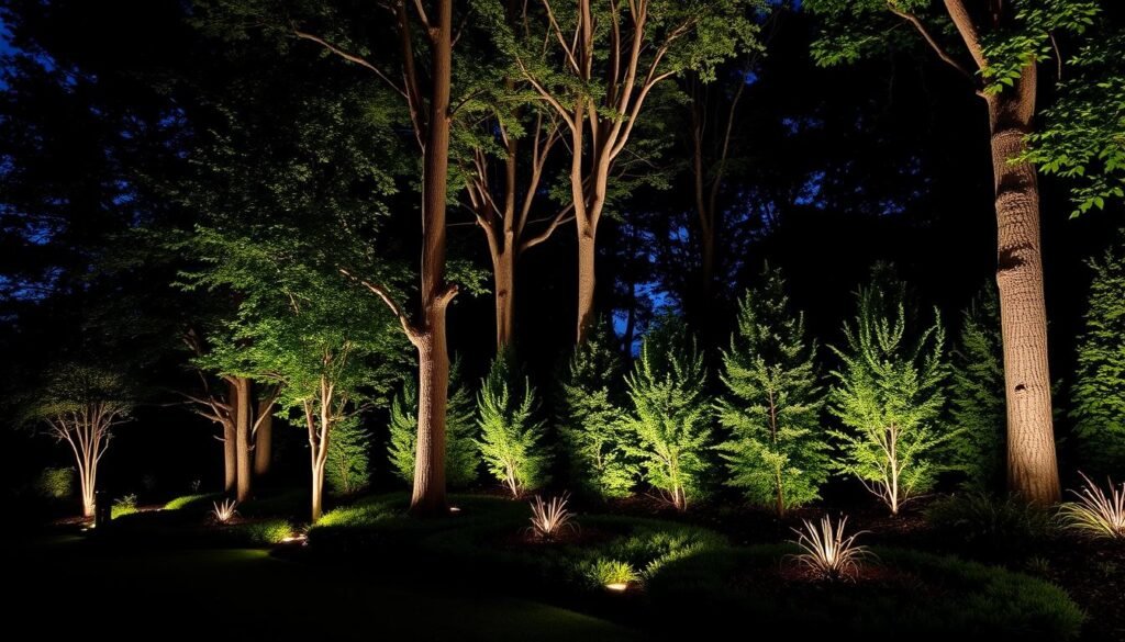 landscape lighting spotlighting trees and shrubs at night