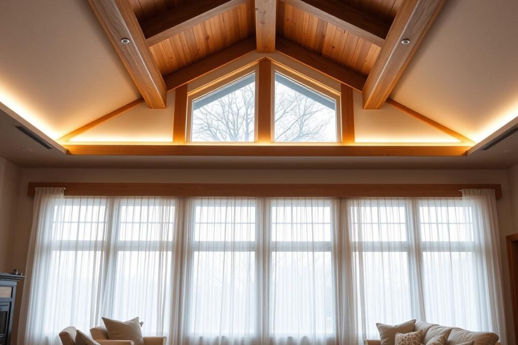large picture window with LED strip lighting integrated into wooden valance structure large picture window with LED strip lighting integrated into wooden valance structure