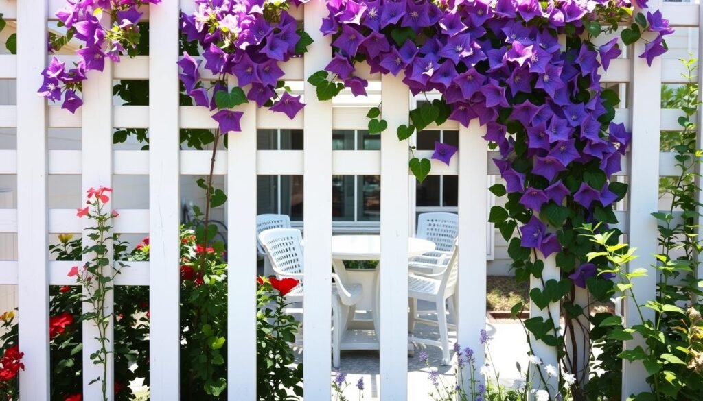 lattice privacy screen with climbing vines in backyard