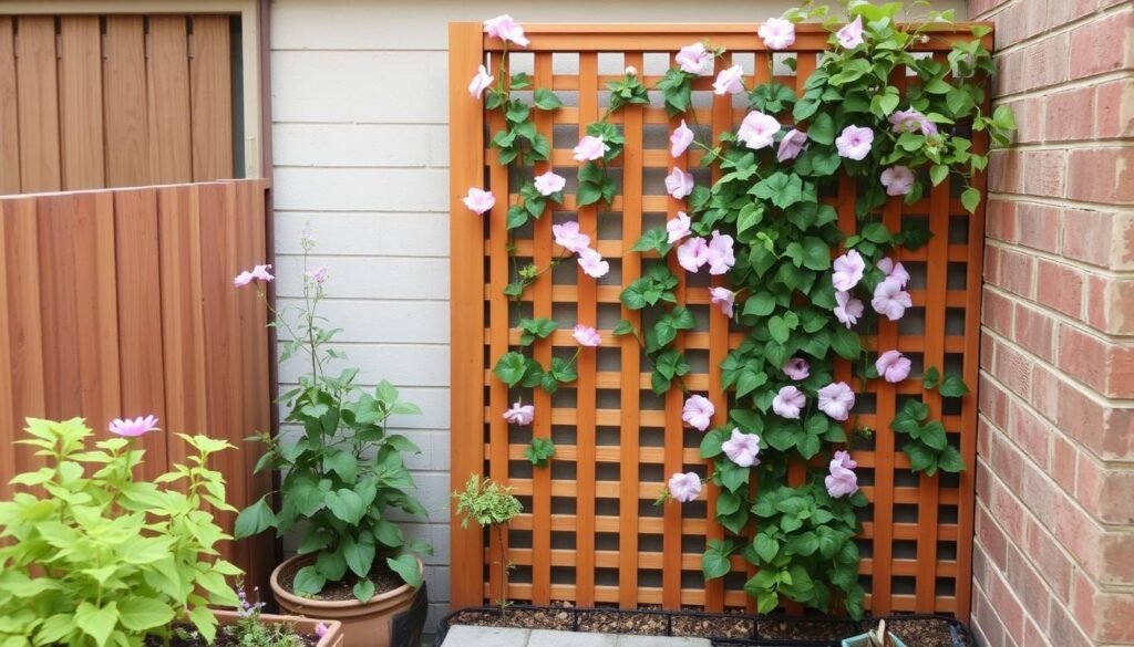 lattice privacy screen with climbing vines on small patio creating seclusion