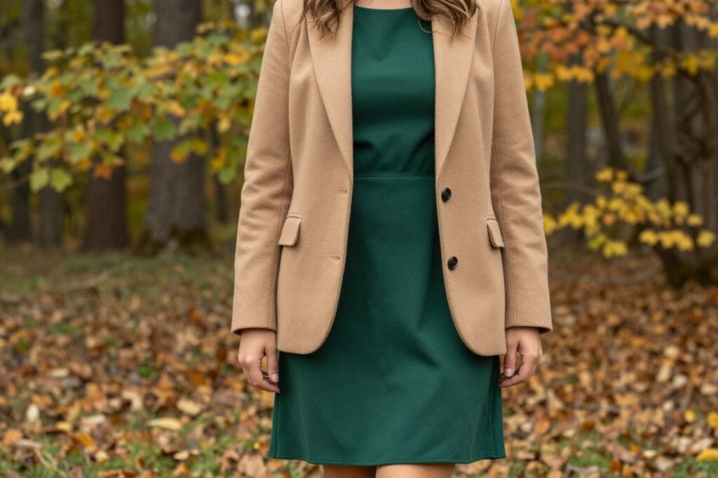 layered fall wedding outfit with dress and structured blazer