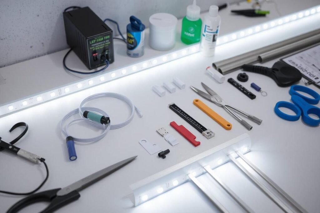 led strip installation tools and materials laid out on work surface