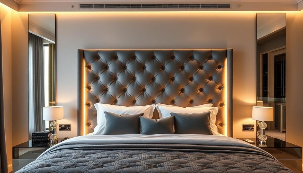led strip lights behind upholstered headboard creating ambient bedroom glow