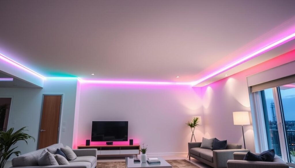 led strip lights installation along ceiling creating ambient lighting effect led strip lights installation along ceiling creating ambient lighting effect
